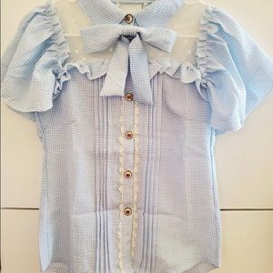 Blue Collared Bow Blouse